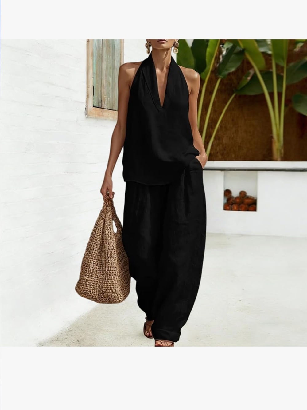 Sleeveless V-Neck Black Wide-Leg Jumpsuit (2 separate pieces)